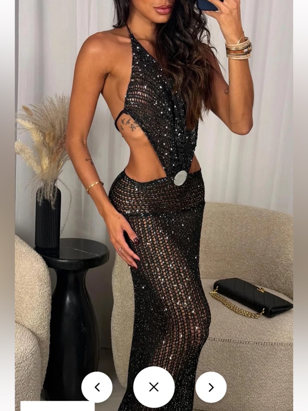 NWT Sister Party Halter V Neck Glitter Fishnet Cutout Party Maxi Dresses-Black
